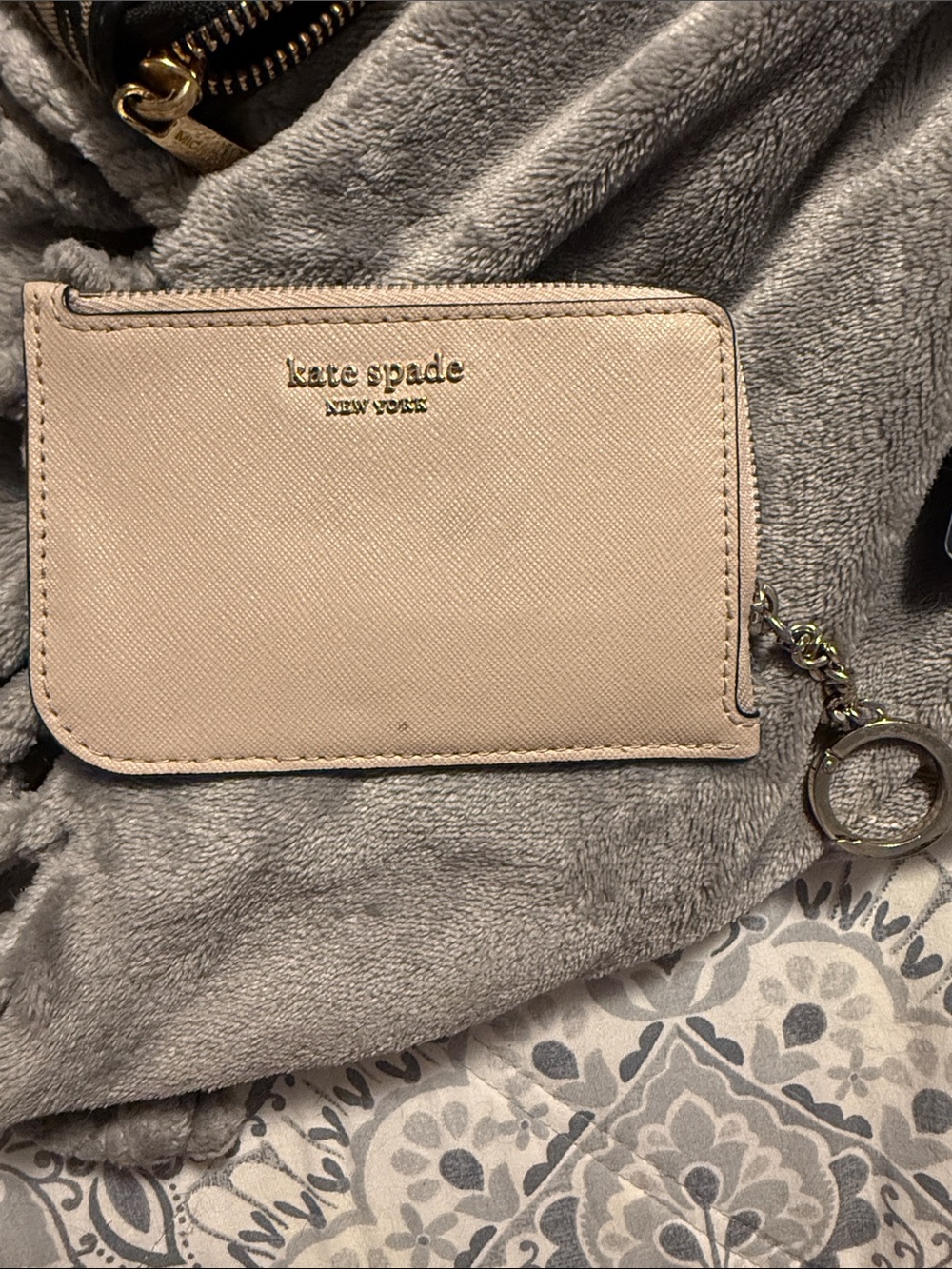 kate spade blush pink saffiano card holder with keyring